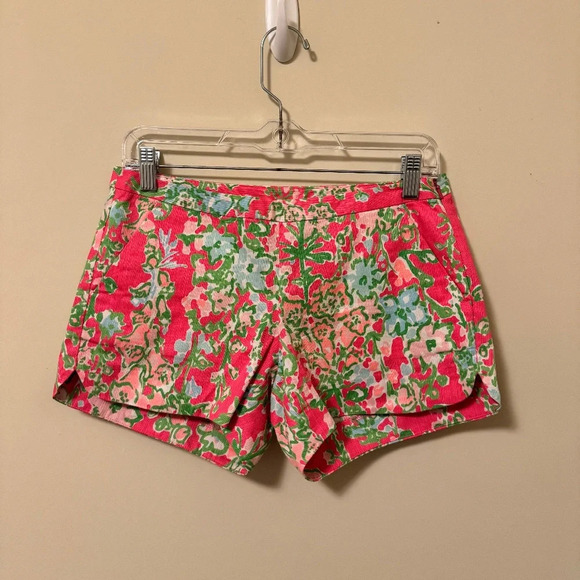 Lilly Pulitzer Sz 0 Adie Shorts Flamingo Pink Southern Charm 100% Cotton w Zip - Picture 2 of 4